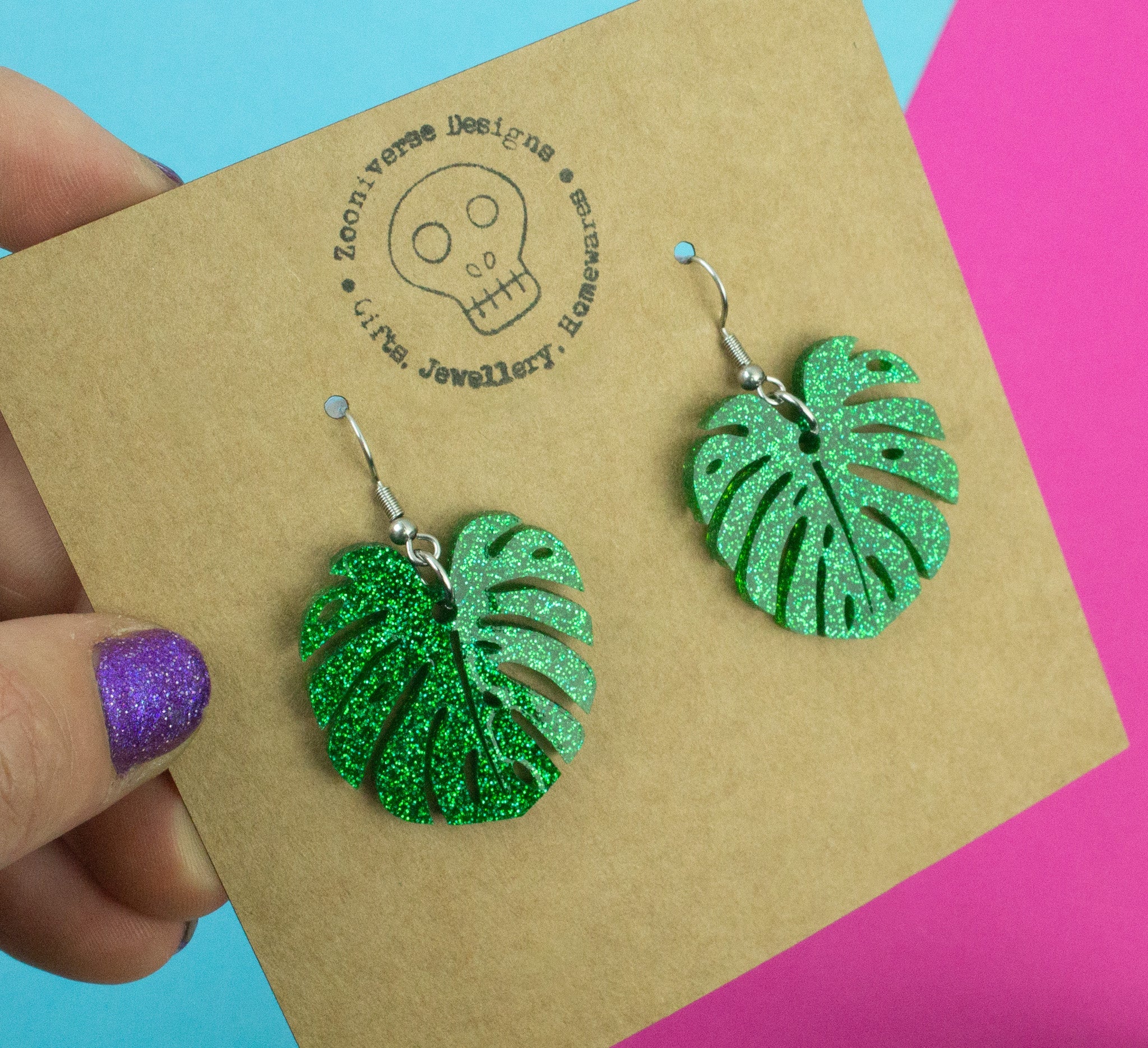 Monstera Glitter Hooked Earrings