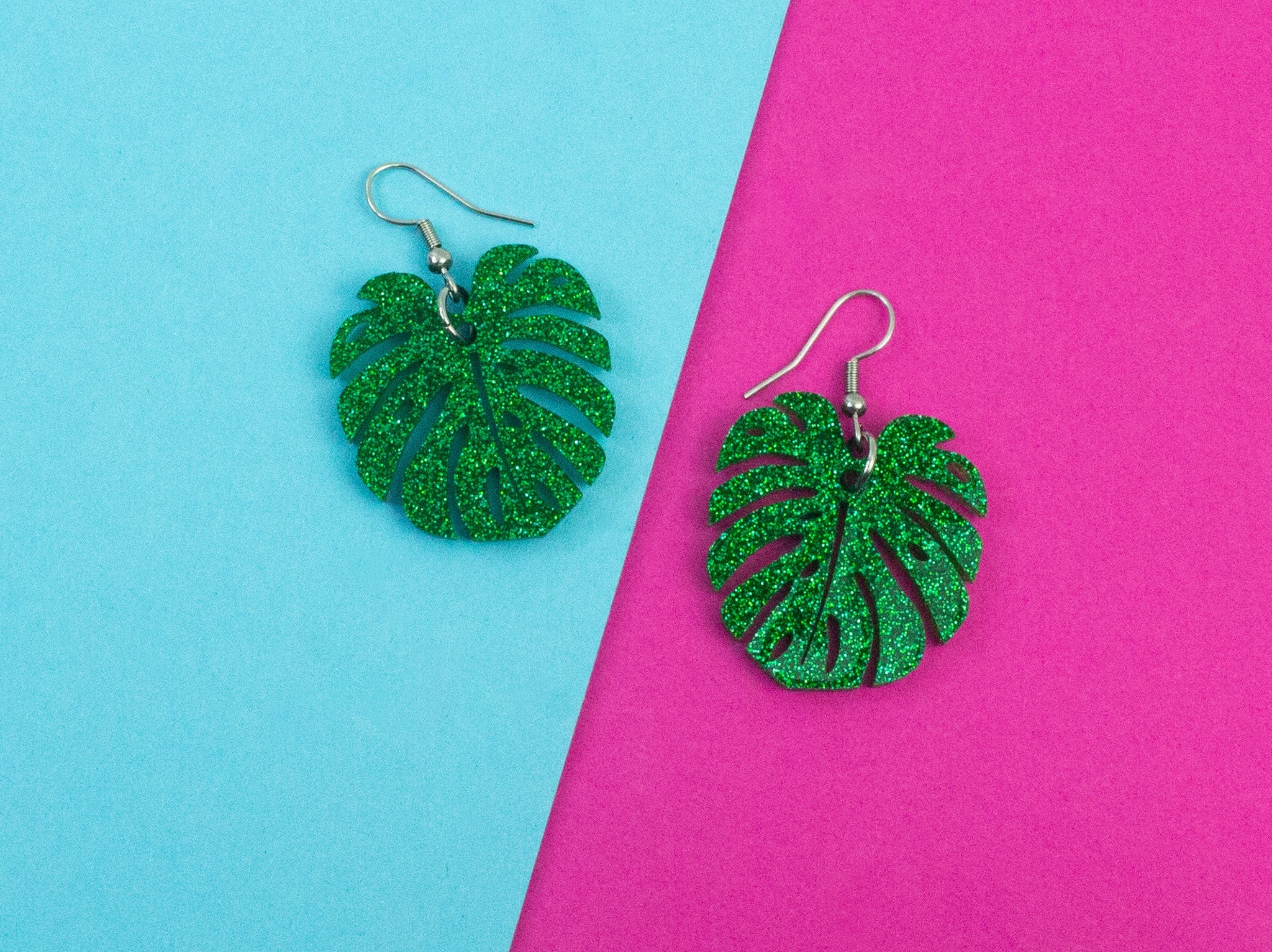 Monstera Glitter Hooked Earrings
