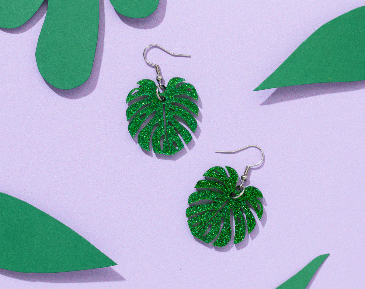 Monstera Glitter Hooked Earrings